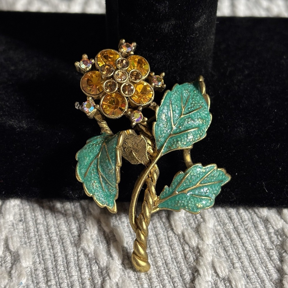 Vintage Gold Tone Amber Rhinestone Green Enamel Flower Brooch Pin AB Crystals